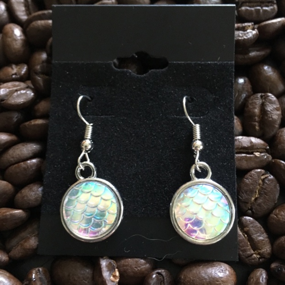 Silver/iridescent white dangle mermaid earrings